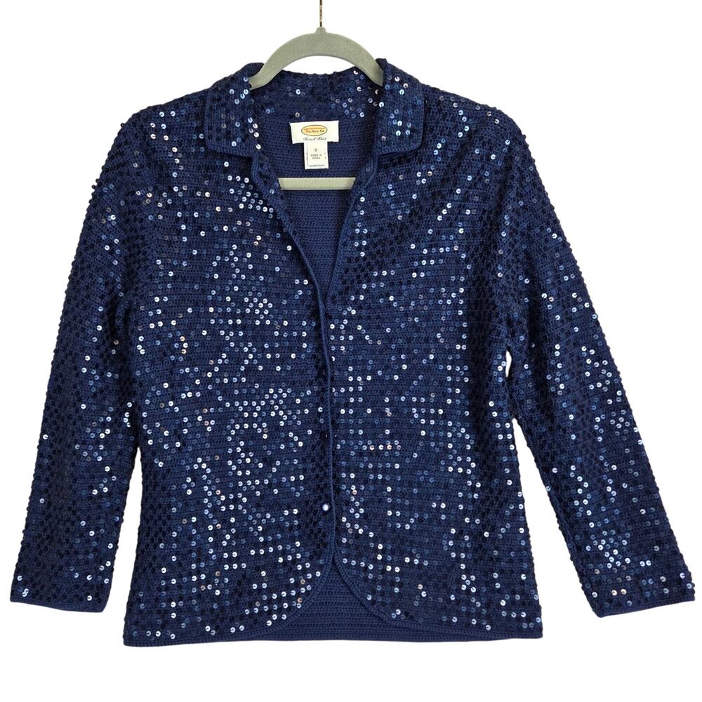 Talbots Hand Knit Sequin Cardigan S Navy Blue Silk Cotton Button Sparkle Sweater